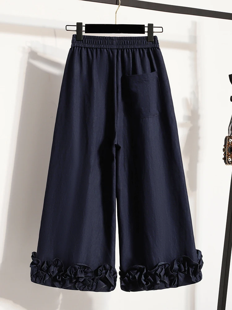 

Свободные джинсы с широкими штанинами, высокой талией, на резинке, больших размеров, летние, новая модель, в корейском стиле, повседневные брюки, утягивающие, джинсы-клеш длиной 7/8