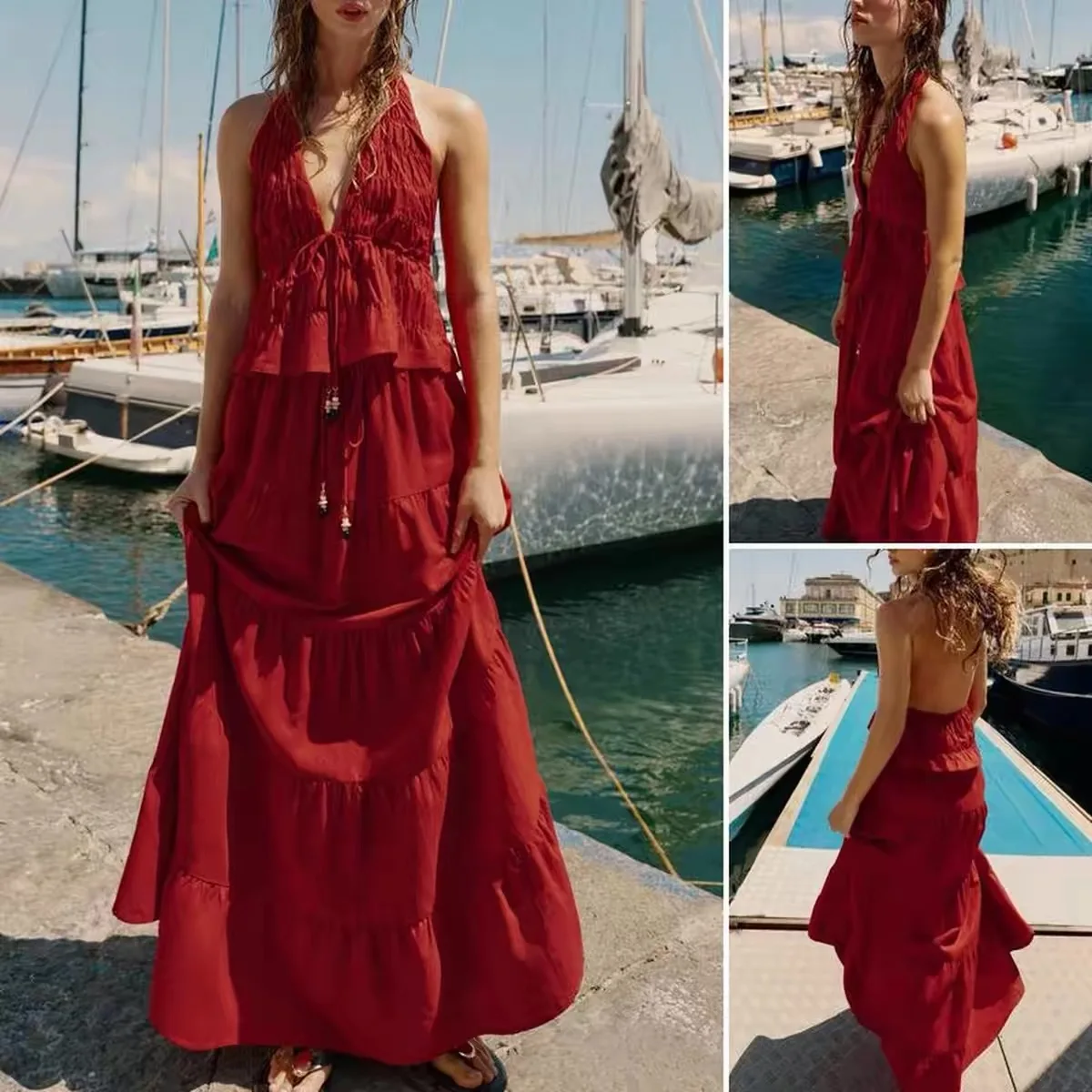 Spring Summer New ZR Women's Mixed Half-length Midi Skirt Fashionable Neck Hanging Top Bottoms Set Student Uniform Work Outfit