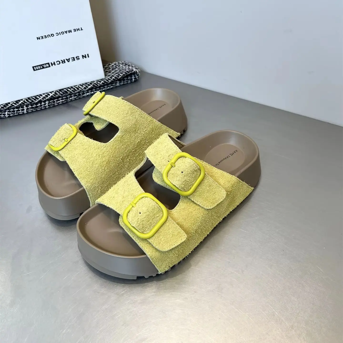 Beach Slippers Women's Genuine Leather Thick Soled Slippers Summer Outside Double Belt Buckle Women Sandals Pantuflas De Mujer view 2
