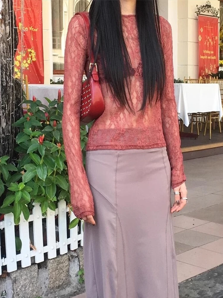 Rétro japonais Sle Long Sve dentelle Nylon élastique T-shirt vêtements intérieurs pour femmes conception transparente trajet Sle Slim Fit roun...