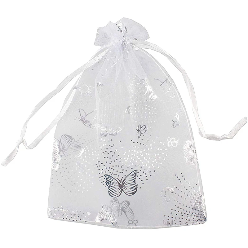 100Pcs 9X12cm Butterfly Organza Jewelry Gift Pouch Candy Pouch Drawstring Wedding Favor Bags White