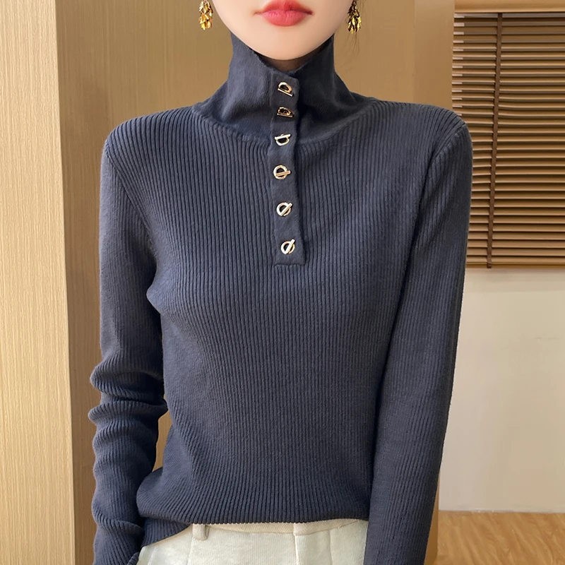 Autumn Winter Women Fine Wool Sweater Turltlneck Slim Half Open Button Pullover Knitwear Thickening Clothing Bottoming Tops