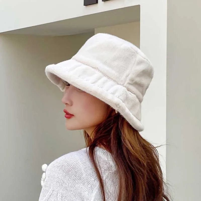 Koreanische Lamm Faux Pelz Eimer Hut Dame Winter Warme Weiche Panama Hut Im Freien Fischer Kappe Für Frauen Einfarbig Beanie Bonnet 2025