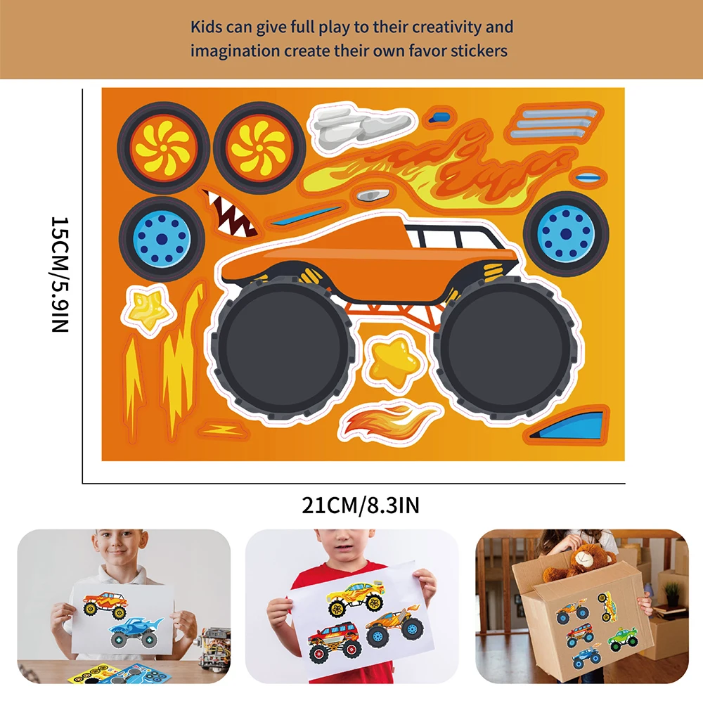 8/16Sheets DIY Engineering Monster Truck Kids Puzzle Stickers Toys Funny Assemble Jigsaw Children Educational Toys Party Games