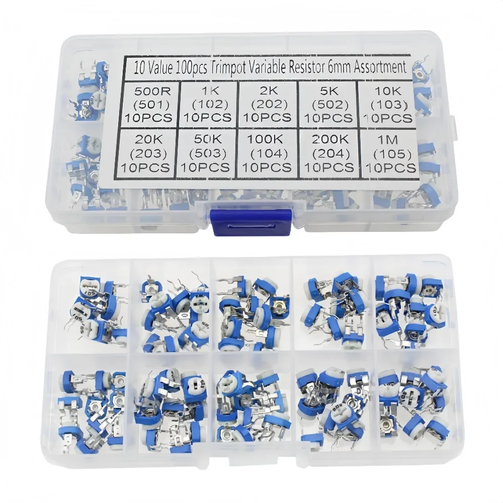 100Pcs/Box Carbon Film Horizontal Trimpot Potentiometer Assortment Kit 10 Values Variable Resistor 500R 1 K 2 K 5K 10K 20 K 50 K