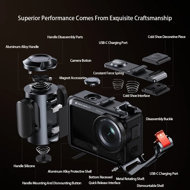 Rugged Magnetic Case for DJI Osmo Action 6, All-Metal Frame with Integrated Grip, Cold Shoe & 1/4
