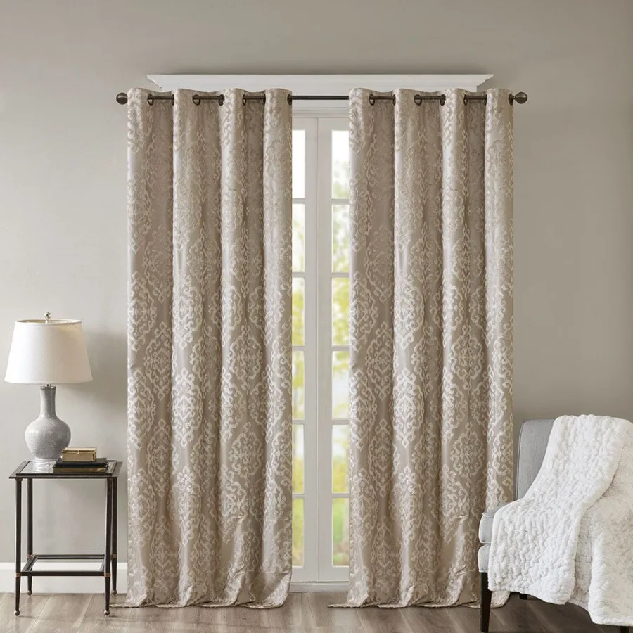 Knitted Jacquard Damask Total Blackout Grommet Top Curtain Panel Pair 2 Pcs Window Panels