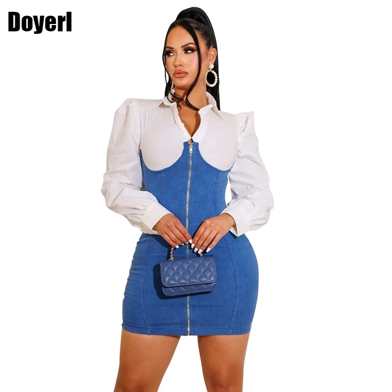 

Denim Patchwork Long Sleeve Party Dress Women Elegant Full Zipper Night Club Bodycon Mini Dress Celebrity Bandage Sexy Dress