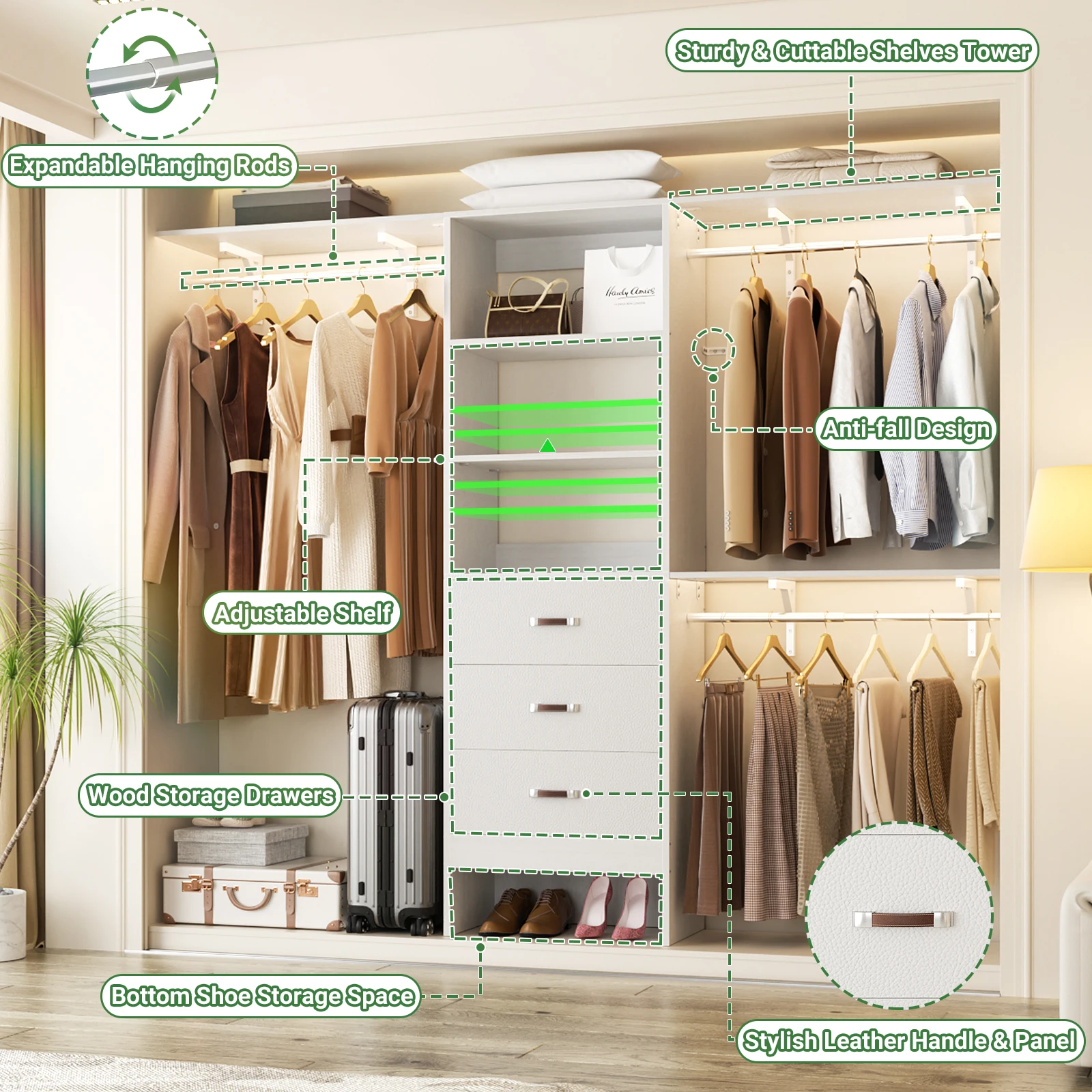 نظام خزانة عالي التحمل مقاس 96 بوصة مع 3 أدراج وأبراج رفوف، منظم خزانة المشي، رف ملابس مع قضبان تعليق #4