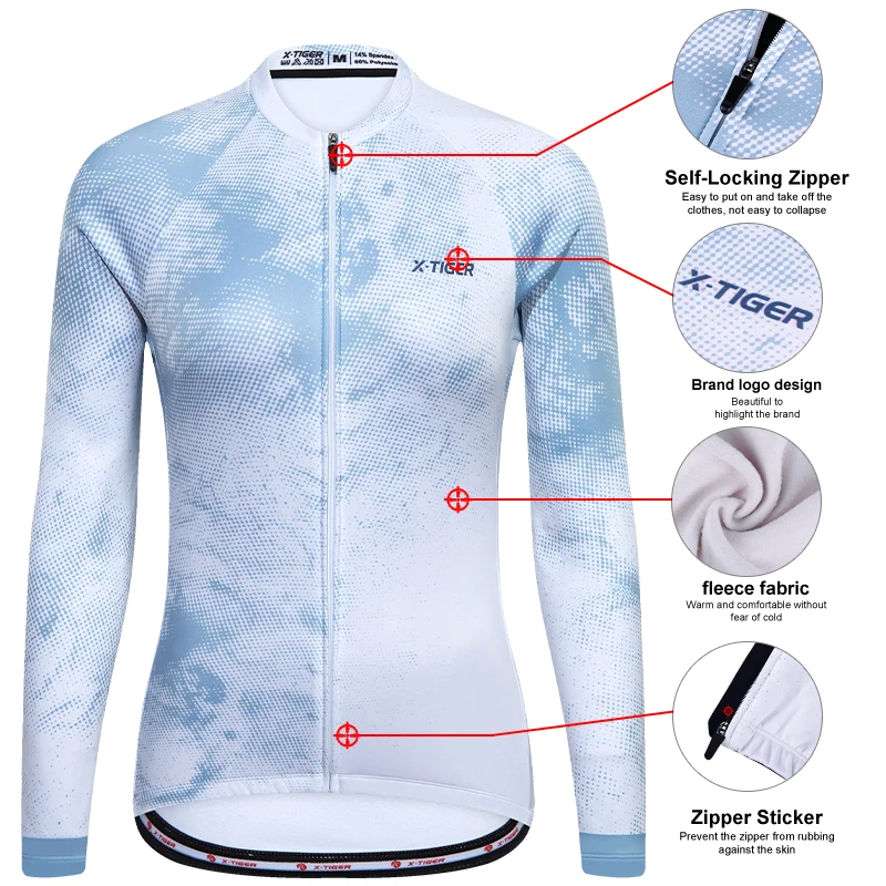 X-TIGER Women\'s Cycling Jersey Winter Thermal Long Sleeve Cycling Shirt with 4 Rear Pockets Fleece Bicycle Clothes Jeresy