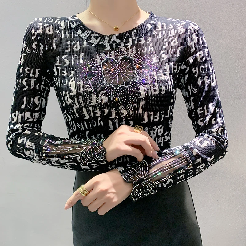 2023 New Fall Winter Korean Clothes T-Shirt Women Chic Sexy O-Neck Patchwork Diamonds Tops Long Sleeve Drill Hand Make Tees 3809