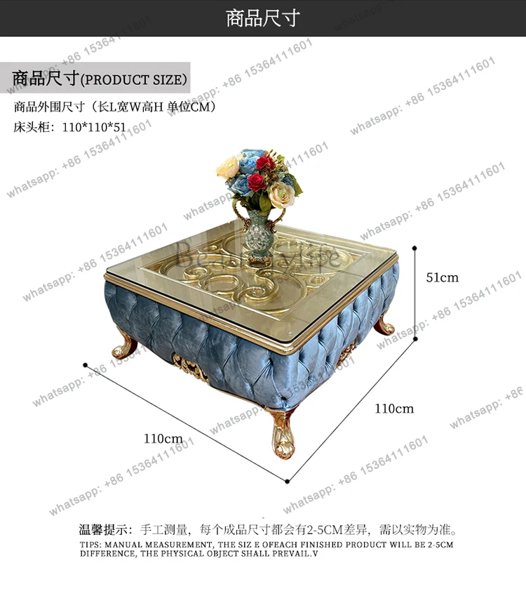 French solid wood square table European luxury square large coffee table neoclassical tempered glass living room furniture