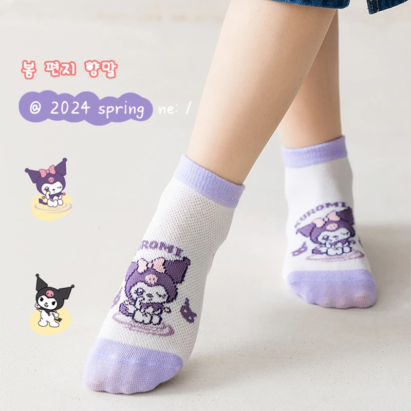 5 Pairs /lot Hello Kitty Cotton Socks Anime Sanrio Kuromi Summer Breathable Mesh Socks Cinnamoroll Cartoon Socks Children 1-12Y