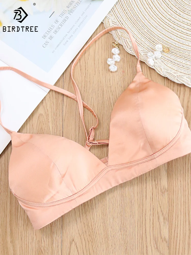 

Birdtree 19mm 92% Silk 8% Spandex Women Bra Satin Silk Thin Type Wire Free Everyday Wear Bras Bralette Intimate S-XL P36062QM