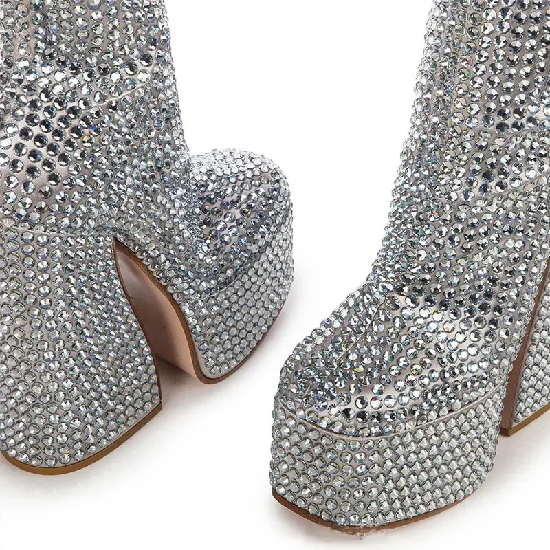 Super High Heel Short Boots, Square Head Platform, Silver, All Water Diamond Decoration, Large, Chelsea, New Fashion