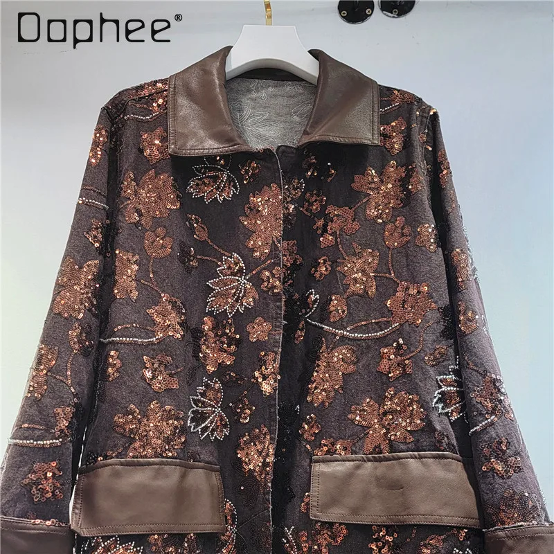 European Station Spring New Fashion Splicing Sequin Embroidered Denim Jacket Women Heavy Industry Bead PU Leather Splicing Coat