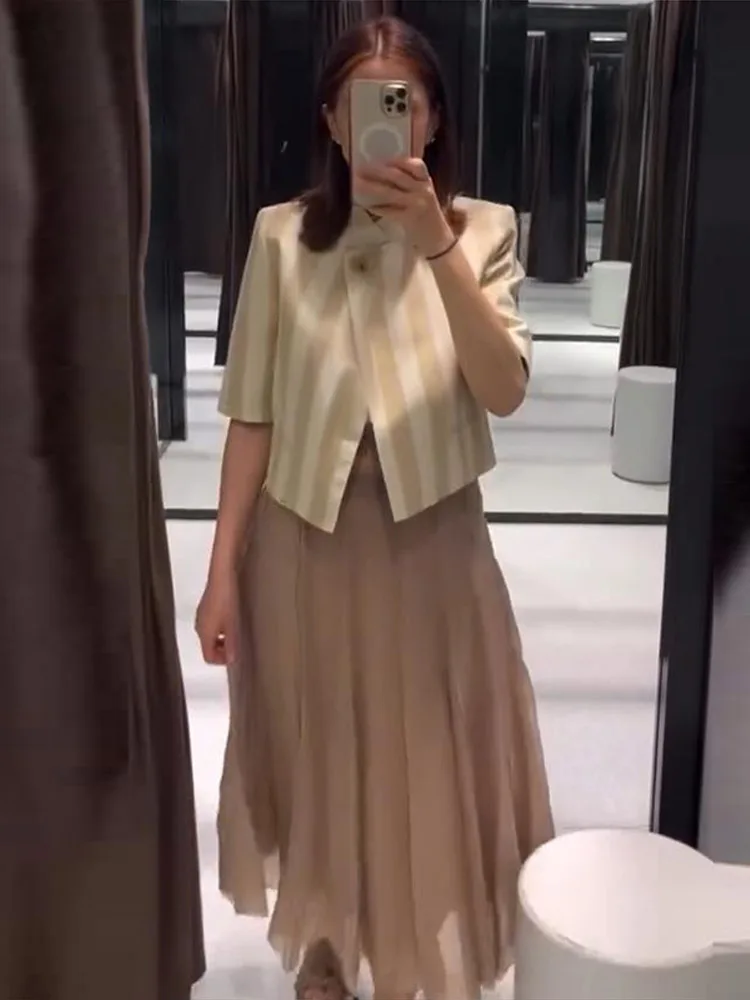 Kurzärmeliger Gestreifter Cropped-Anzugblazer für Damen, Eleganter Stehkragen, Einreihig mit Seitlicher Knopfleiste, Lockerer Mantel, Schicker Damen-Pendler-Oberteil – Detail 18