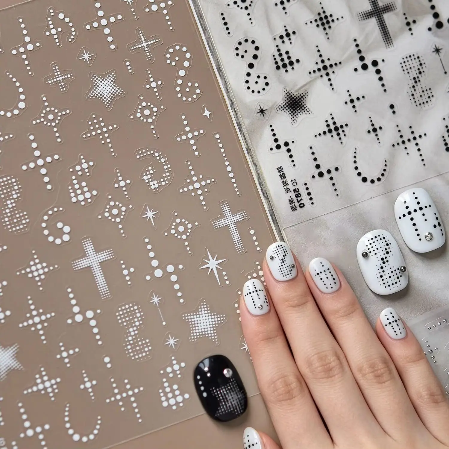 Punk Black White Silver Polka Dot Grid Pentagram Metal Love Heart Sun Star Bowknot Clock Flower Y2K Gem Nail Art Stickers Decals