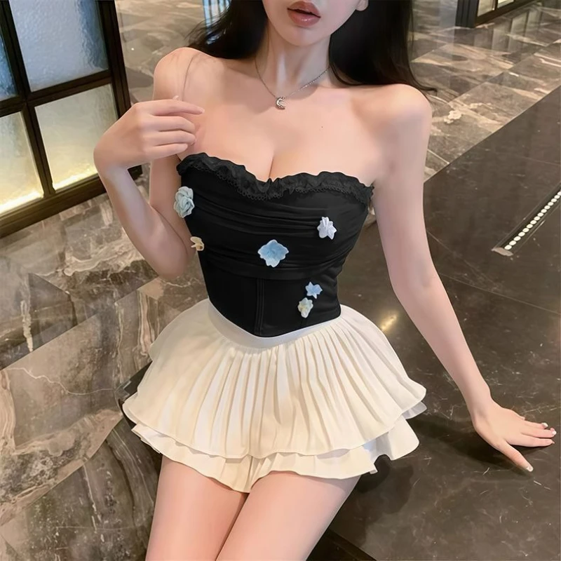 

​French Style 3D Floral Applique Strapless Top High Waist Pleated Tiered Skirt Pants Women Summer Outfit Set​