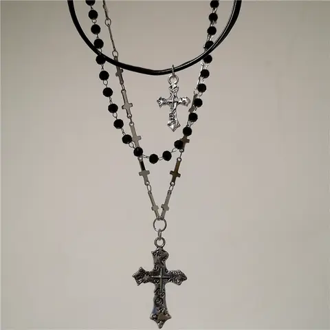 LLL Gothic Punk Y2K Metal Cross Pendant Necklace For Women Men Lovers Vintage Multi Layer Bead Necklaces 90s EMO Charm Jewelry G