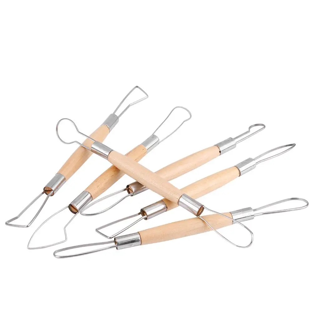 6 Stuks Dubbele Kop Klei Carving Tools Met Houten Handvat-Diy Craft Wax & Ribbon Set