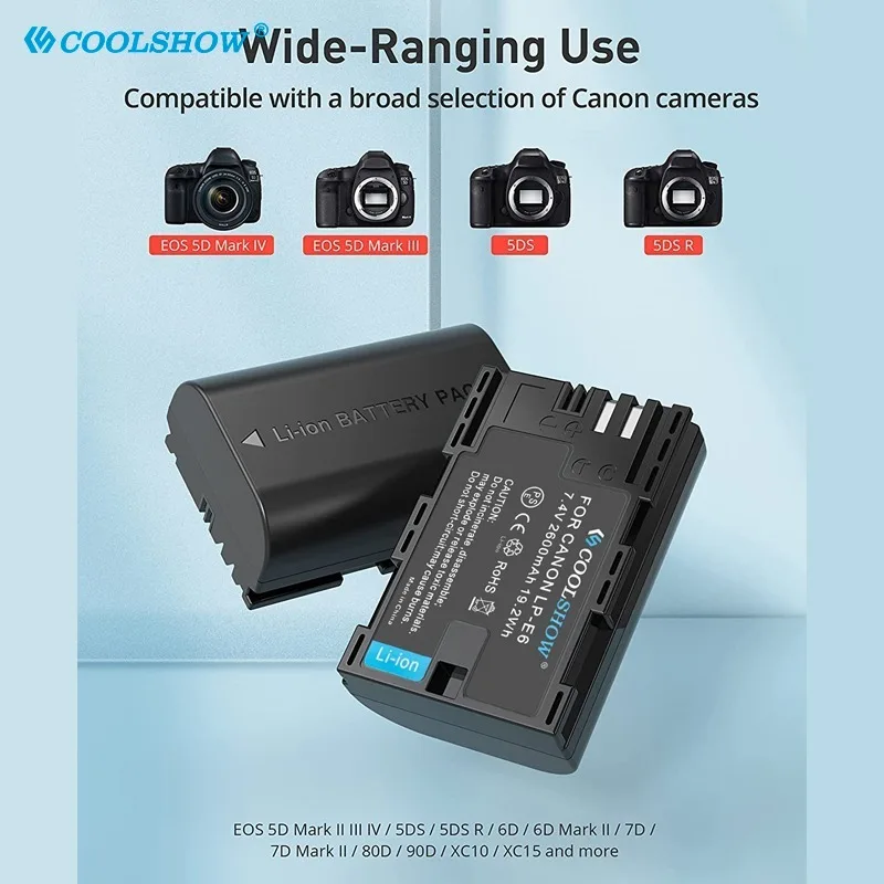 LP-E6 LPE6 Battery 2600mah For EOS MarkII III IV EF-S 18-200IS Kit 5D mark III 6D 7D 80D 70D 60D 5D LP E6 Batteries