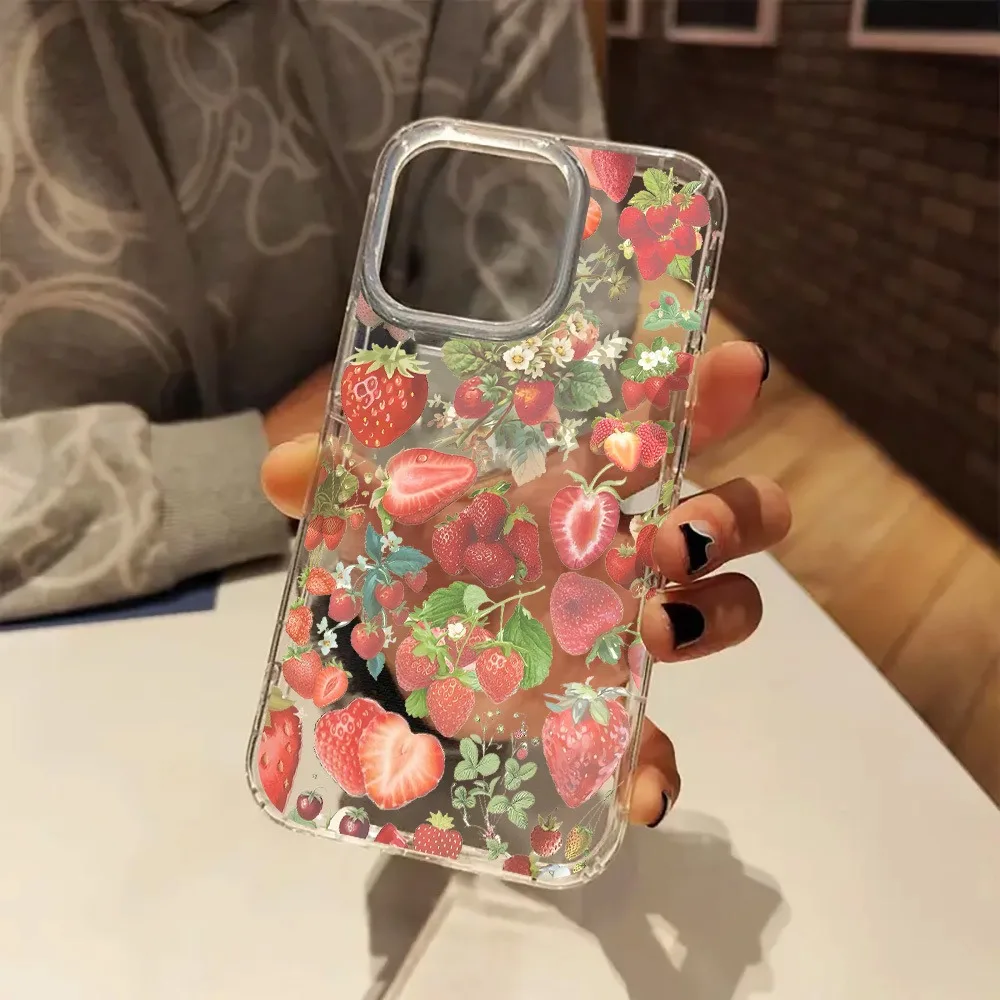 

Pink Strawberry Heart-Shaped Transparent Phone Case Suitable For iPhone 17 16 11 12 13 14 15 Pro Max Plus XR XS X 7 8 SE2 Cover