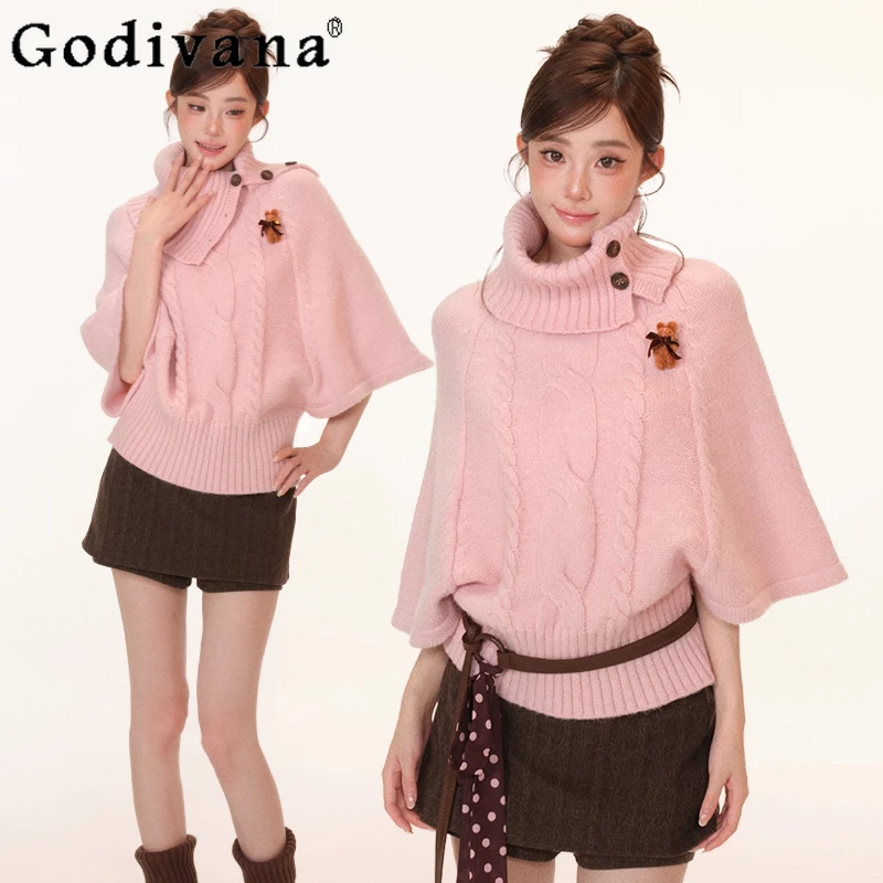 

Autumn Winter Sweet Outfits Women Cape Style High Neck Knit Sweater A Line Skirt Suits Female Japanese Style Lolita Set