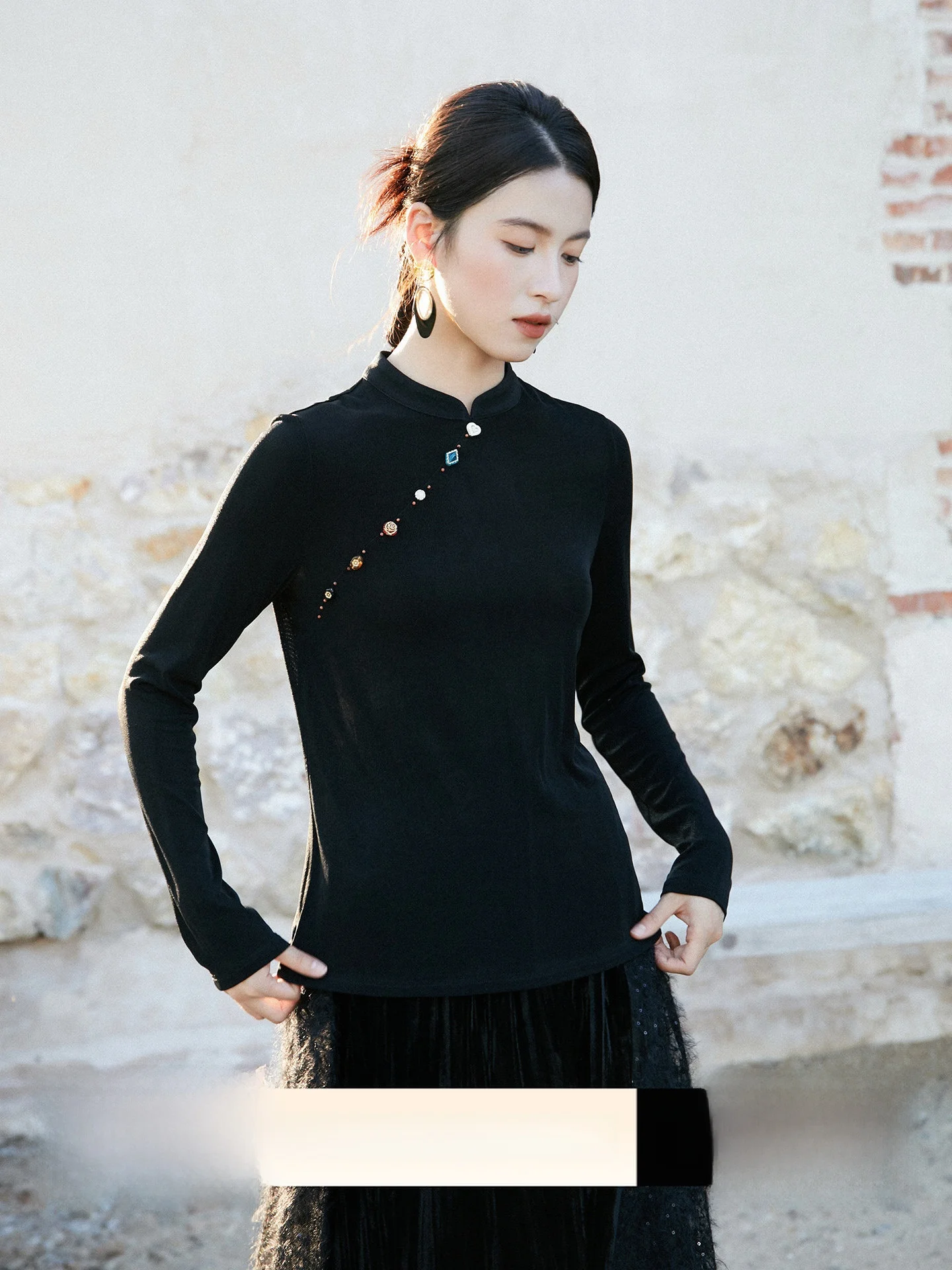 

Anytime New Chinese Sle Handmade Bead Button Slim Fit irt Collar Top Women's Long Sve Breathable Polyester Acetate Fabric