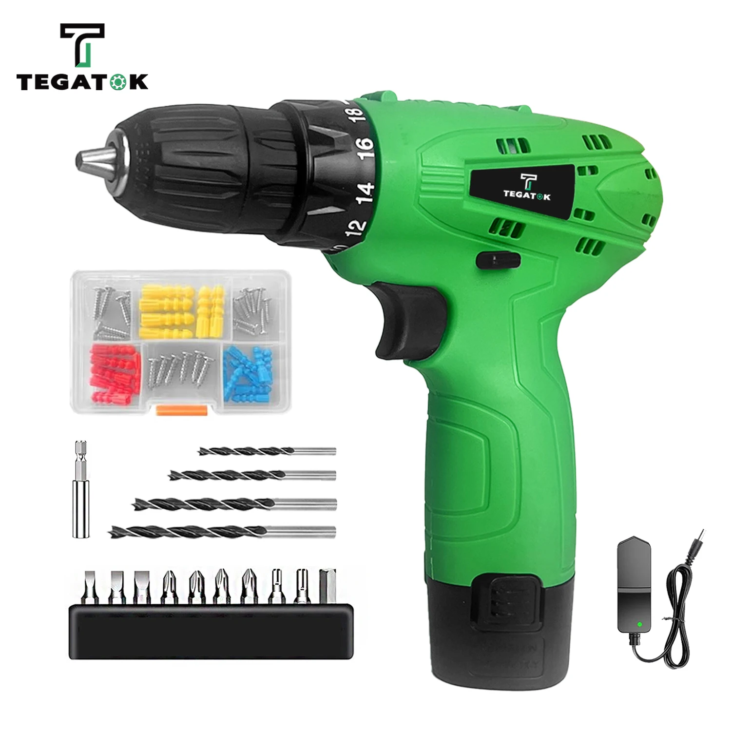 12V Cordless Drill Kit , with Battery and Charger, Variable Speed, 18+1 Torque Drill, 3/8 Inch Keyless Chuck Bit