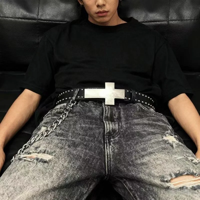 Subculture Punk Studded Cross Belt Burst Pattern Hip Hop Street Style Men's Rock Party Music Festival Gothic Street Accessories
