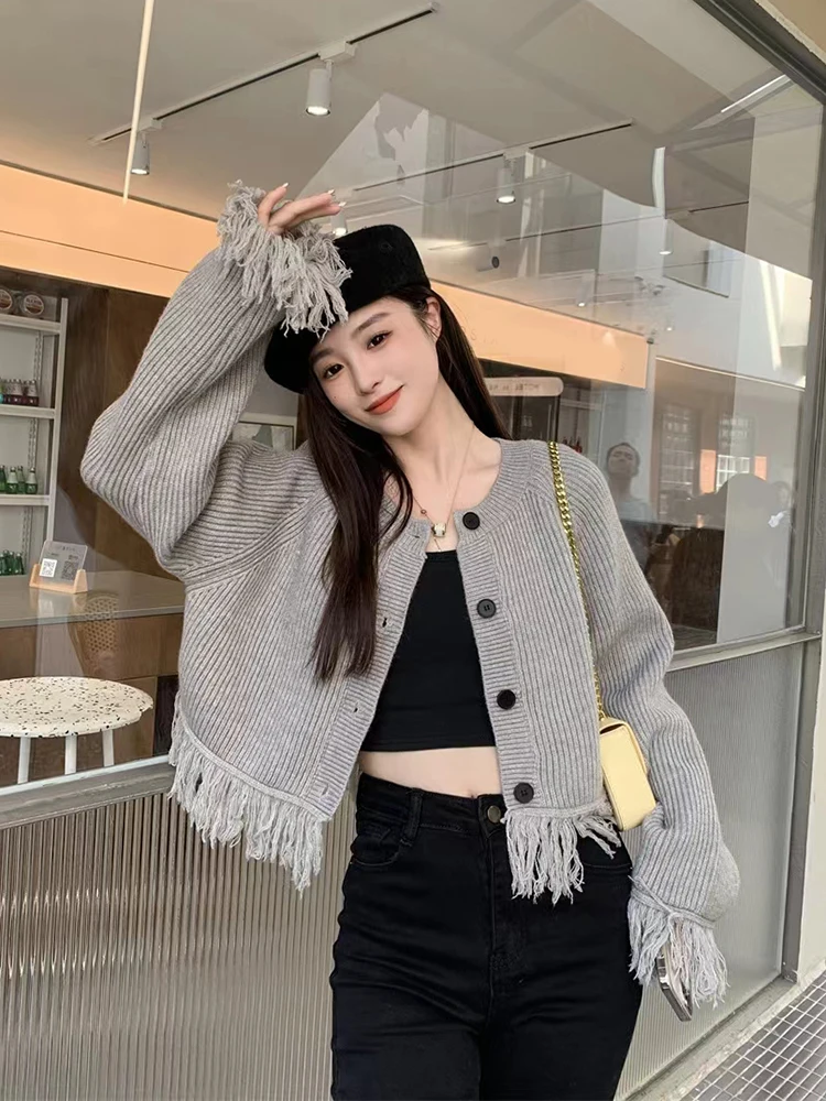 Jmprs Korean Tassel Grey Cardigan Women Fashion Sweet Casual Knitted Sweaters Simple Buttons Lazy Wind Long Sleeve Cardigan Coat