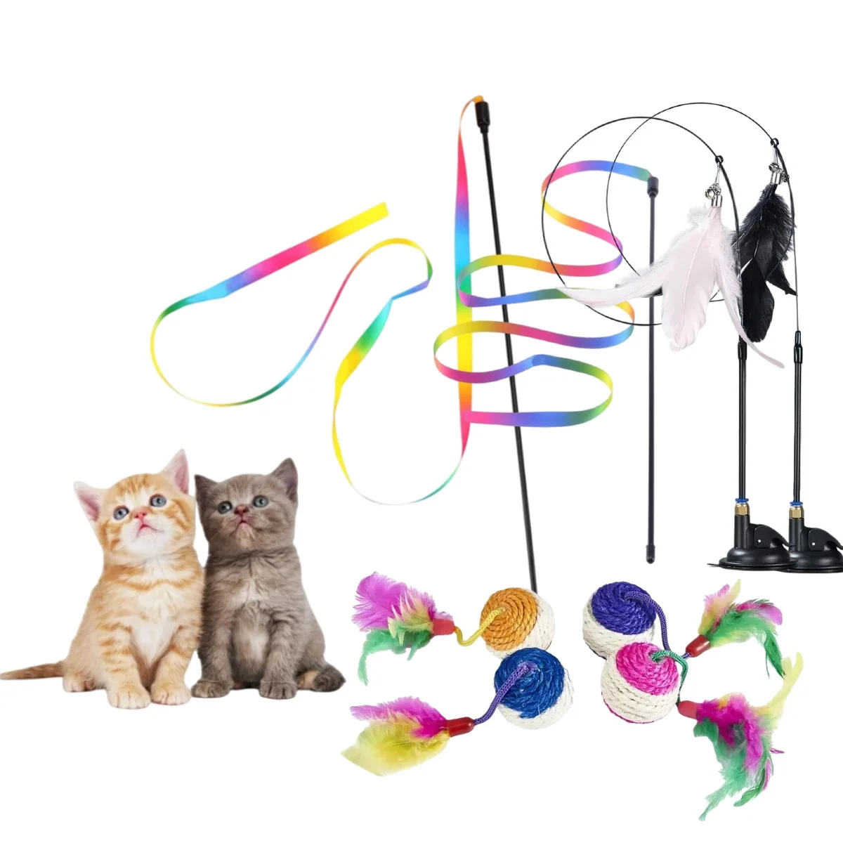 Interaktives Katzenspielzeug: Handfreier Katzenstab mit Regenbogenstreifen, Saugnapf und Federstab – Haustierbedarf mit Simulationsfedern