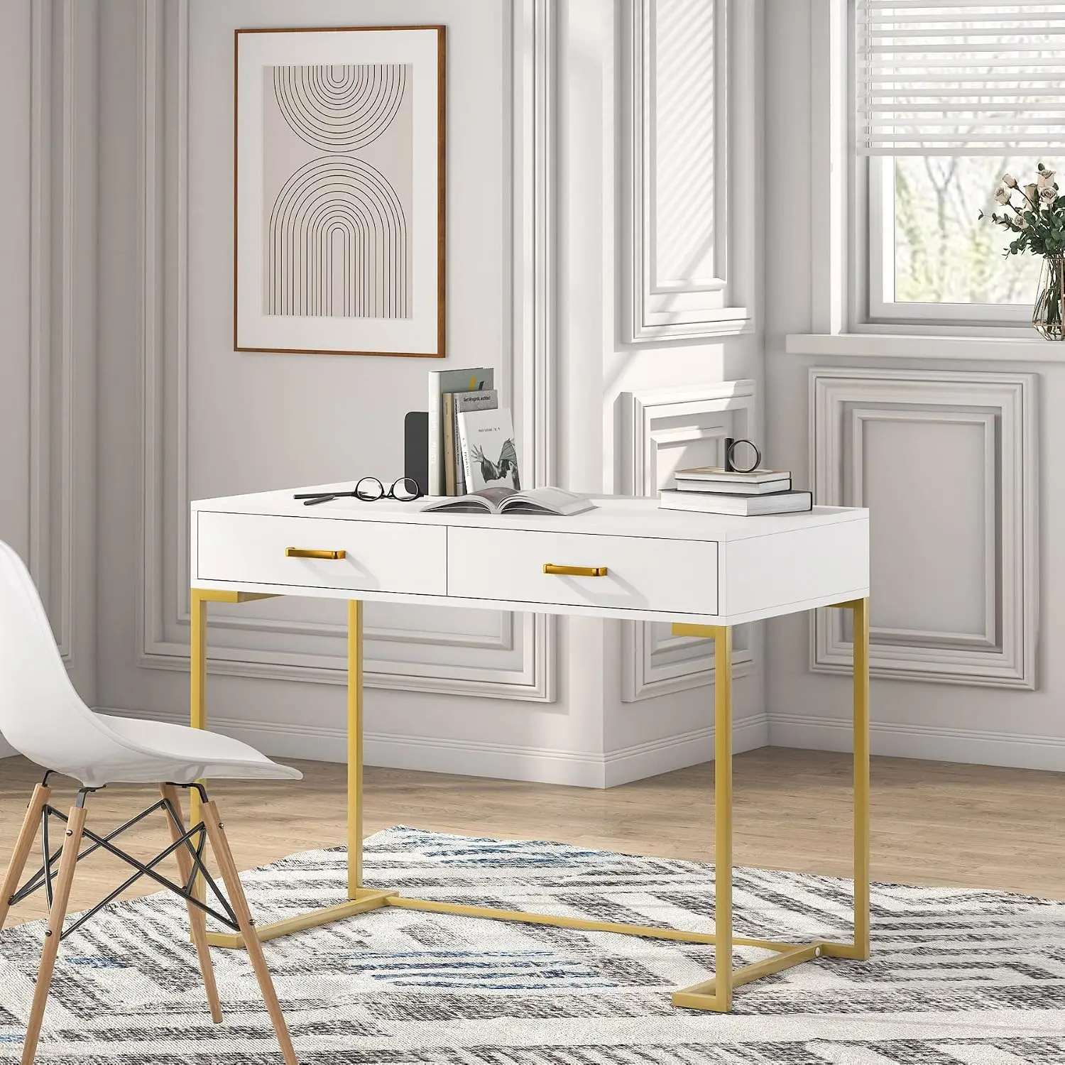 White Gold Computer Desk with Drawers Storage, Modern Small Vanity Console Study Table for Home Office, 39.37