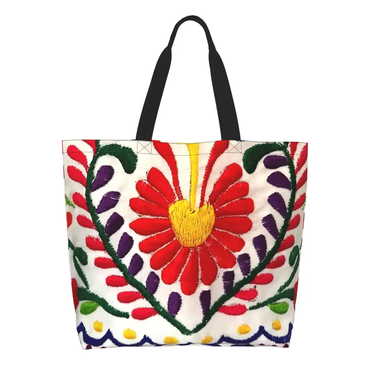 

Mexican Flowers Groceries Shopping Bags Custom Printed Canvas Shopper Tote Shoulder Bag Large Capacity Portable Handbag