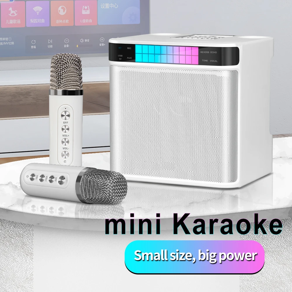 

Mini Portable Karaoke Speaker System with 2 Wireless Microphones, Speaker Set with LED Disco Lights, Suitable for Home Parties A