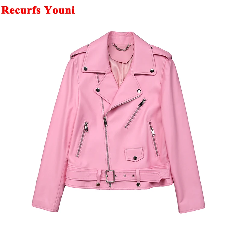 Genuine Leather Coat Women Metal Zipper Rivets Belt Short Handsome Pink Motorcycle Jacket Mujer Pure White Locomotive Clothing