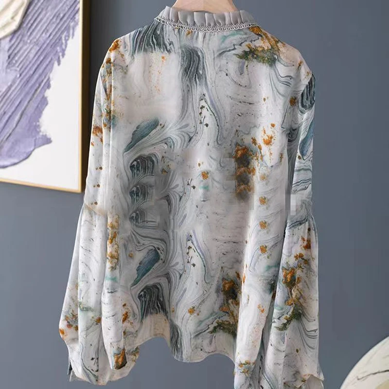 Vintage Print Chic Embroidery Ruffled Lantern Long Sleeve Shirt Spring New Elegant Fashion Loose Top Blouse Blusas De Mujer 2023