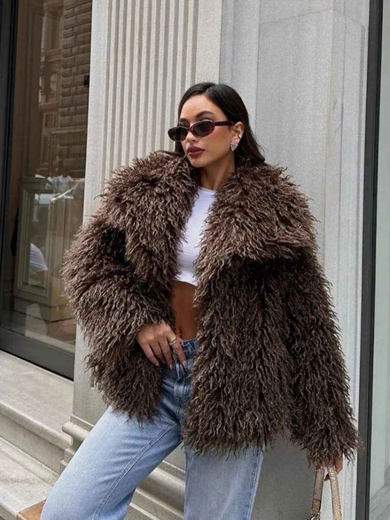 Fl 2025 inverno lulicore moda marrom casaco de pele do falso feminino chique outono quente fofo jaqueta de pele de ovelha grande gola de pele novo