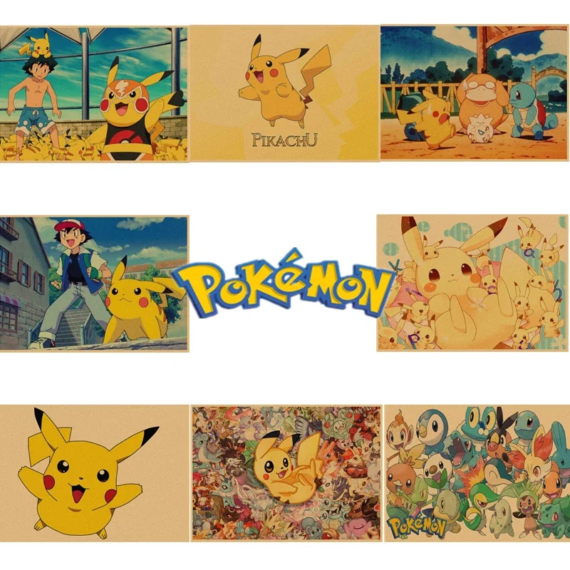 Pokemon Pikachu poster kraft paper material Charizard Ash Ketchum Brock Misty Dawn Poke Ball wall stickers Christmas gifts