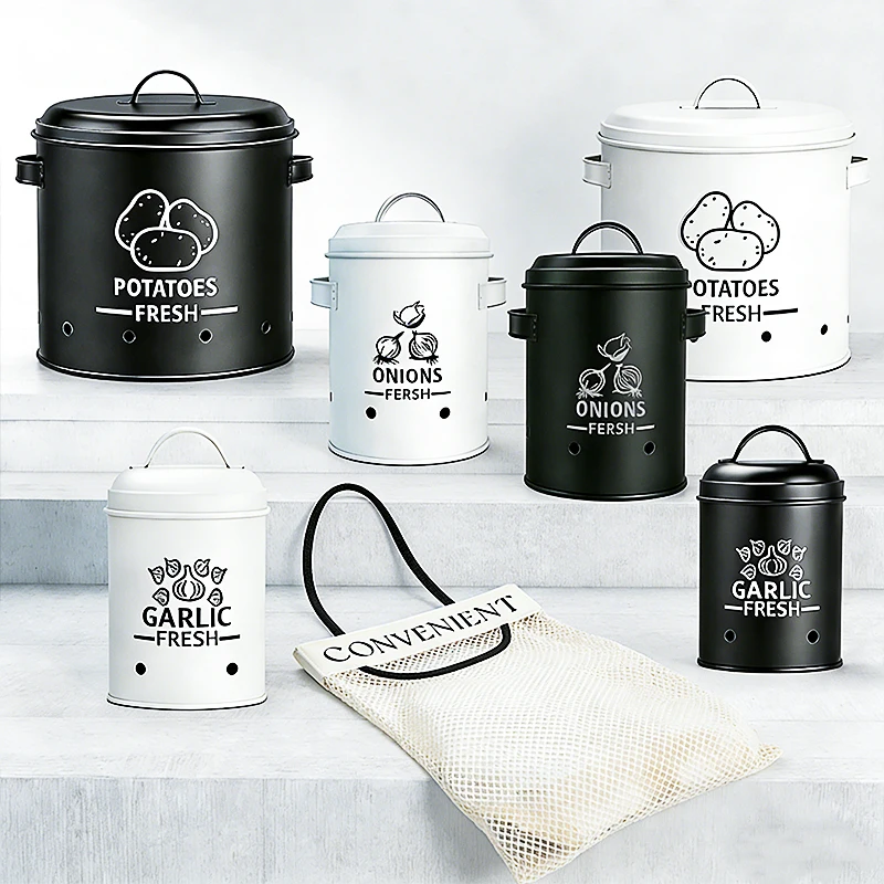 Black or White Potato, Onion, and Garlic Containers