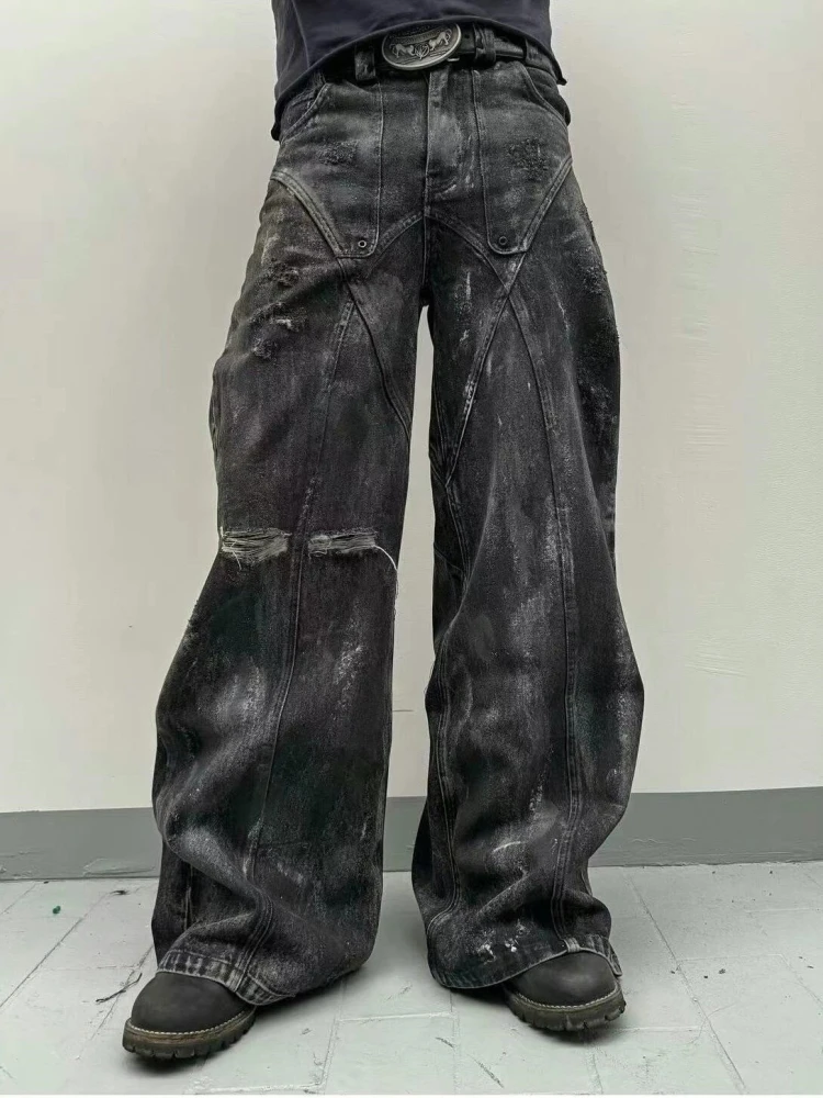 Jeans Masculinos Pretos dos com Pintura, Corte Solto e Perna Reta, Moda Jovem com Corte 3D, Resistentes à Sujeira e g...