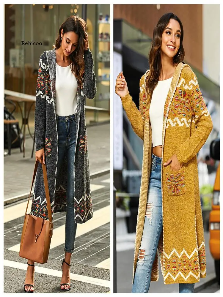 

Bohemian Ethnic Long Split Cardigan Sweater 2022 Fashionable Woven Pocket Knitwear Hoodie Classic Long Sleeve Women Sweater