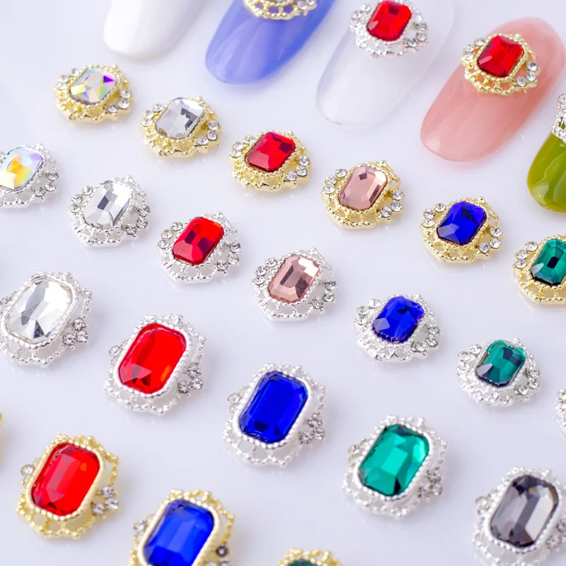 10pcs Luxury Nail Charms Jewelry Parts Flatback Nail Art Rhinestone Alloy Crystal Rectangle Gems Stones For Manicure Decoration