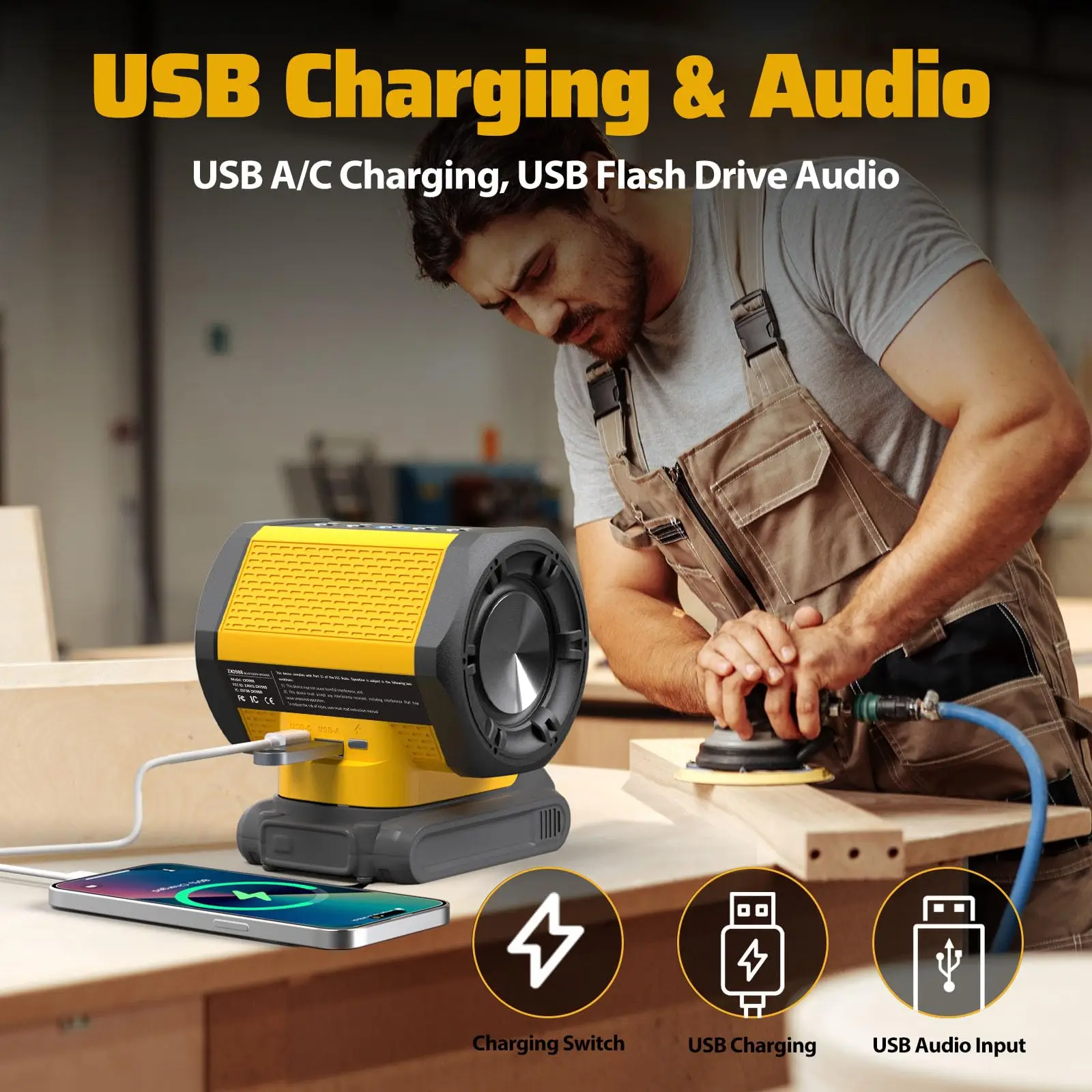 Bluetooth Speaker Fit for DeWALT 20v Max Battery with USB-A/C Charging for Jobsite Camping & Parties(Battery not Included)