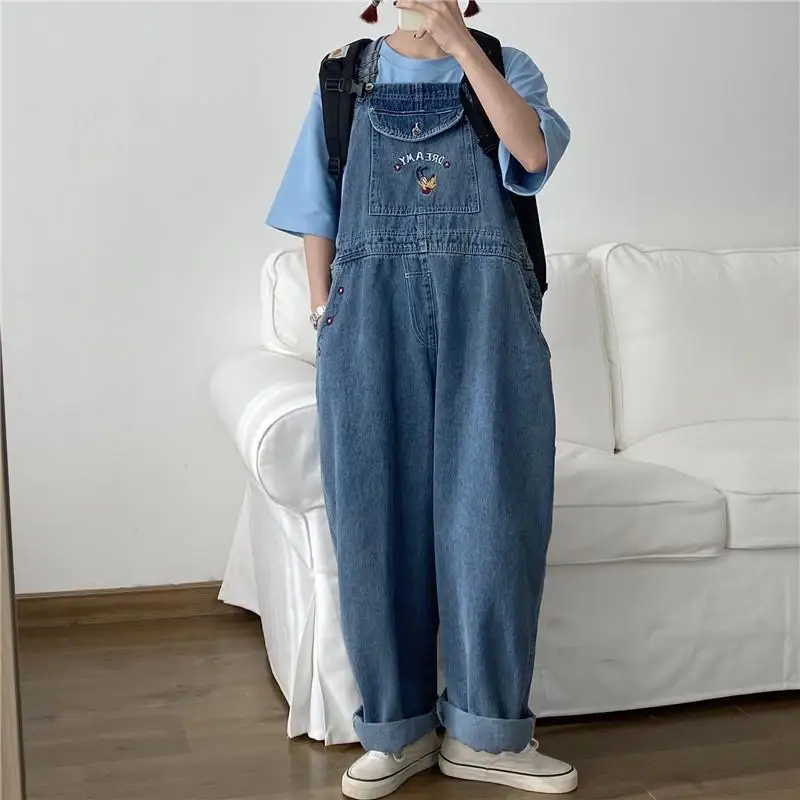 

Japanese Loose Cute Jumpsuits Women New Cartoon Embroidery Oversized Denim Overalls Female Strap Straight Pant Wide Leg Trousers