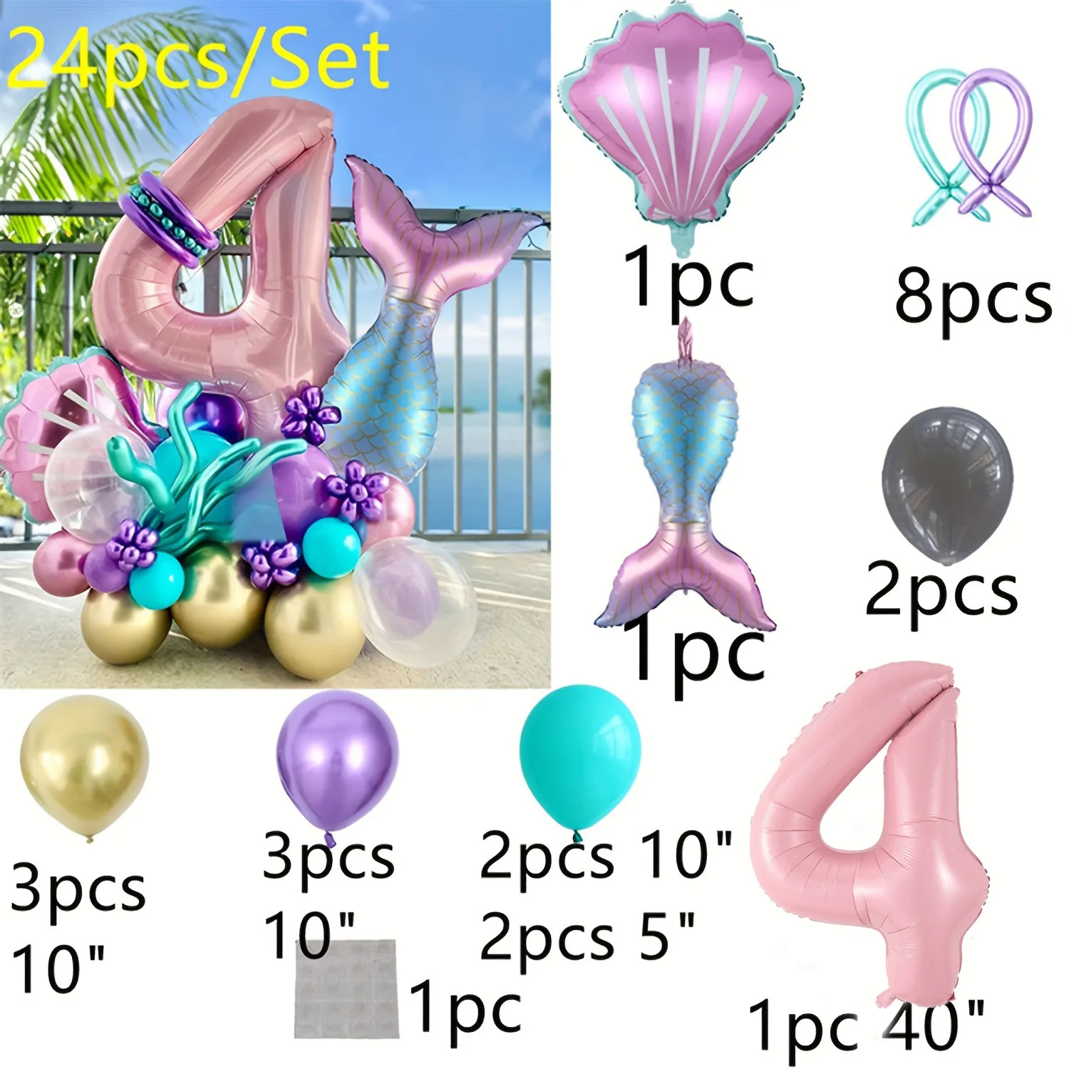 24pcs Mermaid Tail Baby Powder Digital Aluminum Balloon Set Mermaid Theme Birthday Party Wedding Decoration