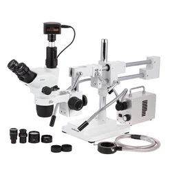 AmScope 2X-225X Trinocular Boom Stand Stereo Zoom Microscope with 9MP USB 2.0 Camera and 50W Led Fiber Optic O-Y Illuminator