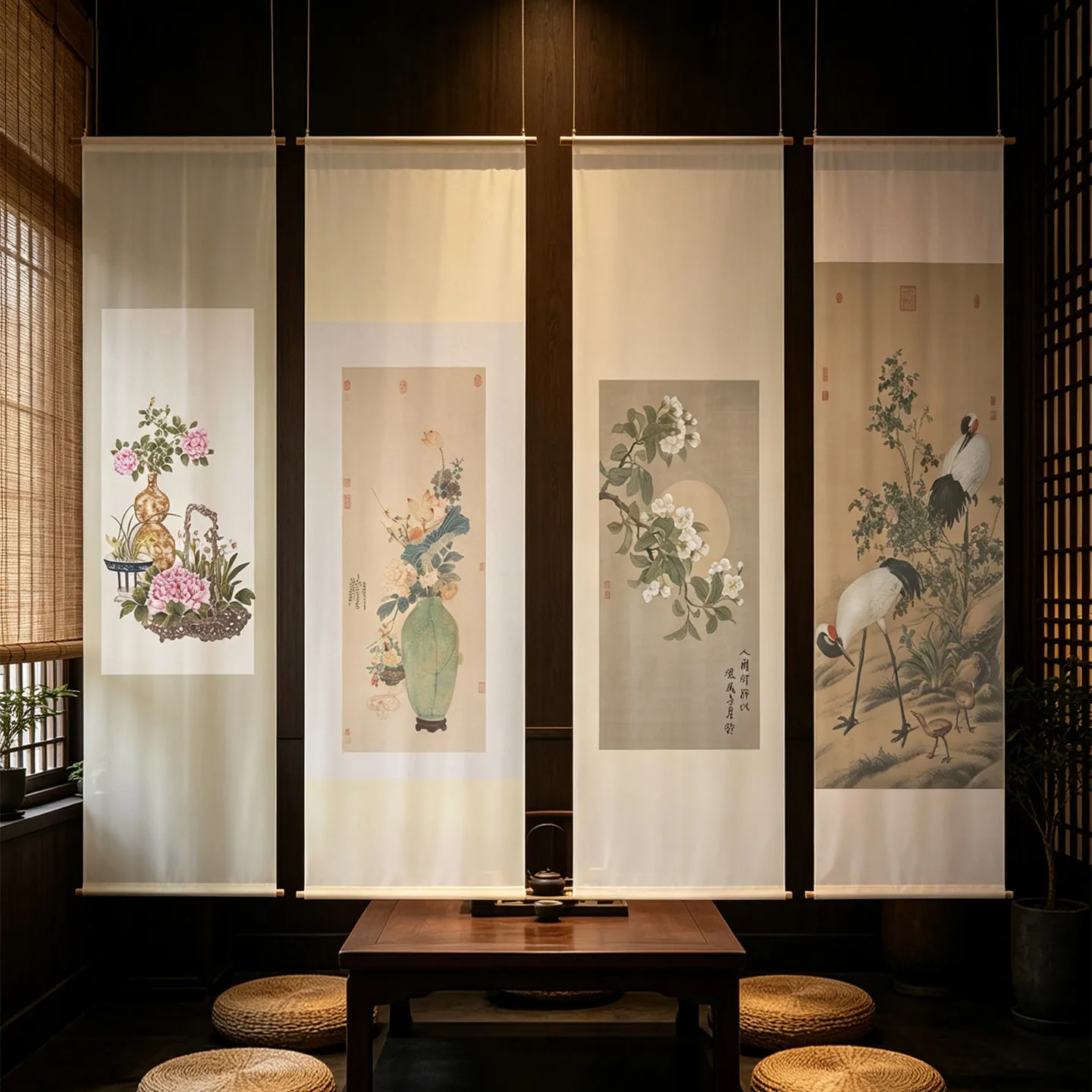 Oriental Calligraphy Hanging Divider Panel – Natural Fiber Sheer Drape for Spa, Meditation Space & Home Interior Aesthetic