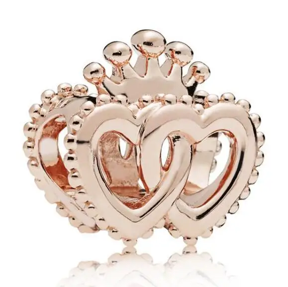 Genuine 925 Sterling Silver Bead Rose Gold United Regal Hearts Charm Fit Women pandora Bracelet & Necklace Diy Jewelry